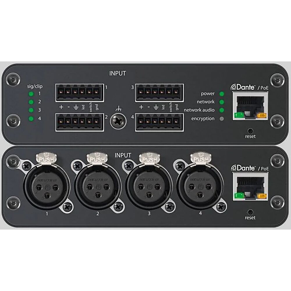 SHURE 4Input; Block connectors; Mic/Line Dante.Audio Network Interface