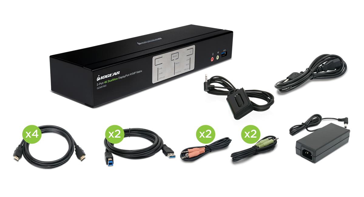 IOGEAR 2-PORT 4K DUAL VIEW DISPLAYPORT MATRIX KVM WITH USB/AUDIO/MOUSE CROSSOVER SWITCH