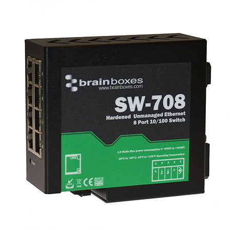 BRAINBOXES HARDENED 8PORT ETHERNET SWITCH TEMPERATURE RANGE OF -40F TO +176F