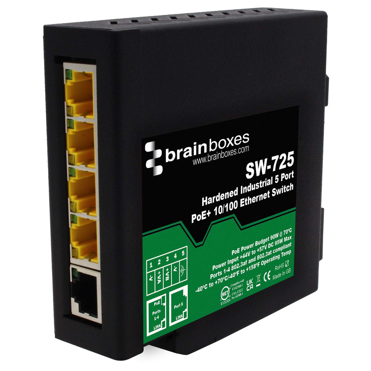 BRAINBOXES HARDENED IND 5 PORT POE 10/100 FAST ETHERNET SWITCH -40F TO +158F