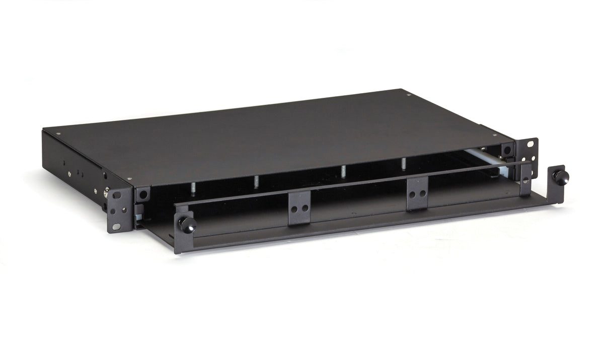 THE BLACK BOX RACKMOUNT FIBER ENCLOSURE ALLOWS THE OPTICAL FIBERS TO BE STORED I