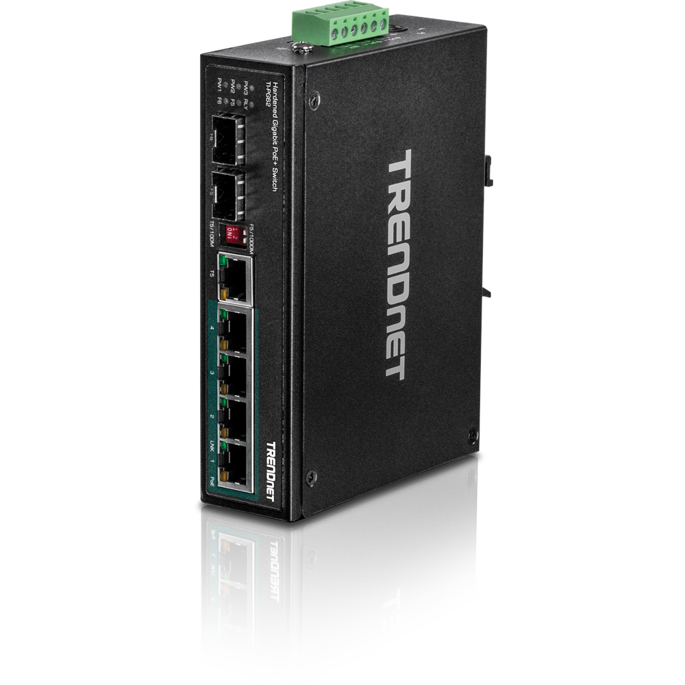 6-PORT HARDENED INDUSTRIAL GIGABIT POE+ SWITCH (5 GIGABIT / 1 SHARED SFP / 1 DED