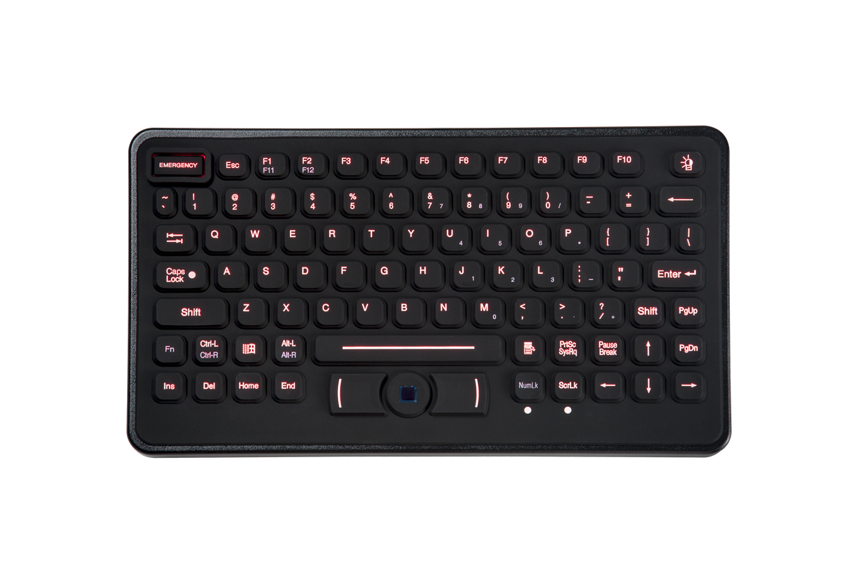 RUBBER KEYBOARD; RUGGED RUBBER 83 KEY KEYBOARD W/ TOUCHPAD AND RED BACKLIGHTING.