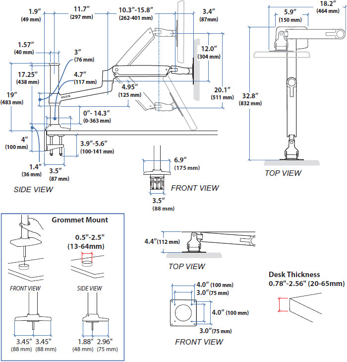 INTERACTIVE ARM, LD, DESK MOUNT LCD, TALL POLE, WITH EXTENSION, POLISHED