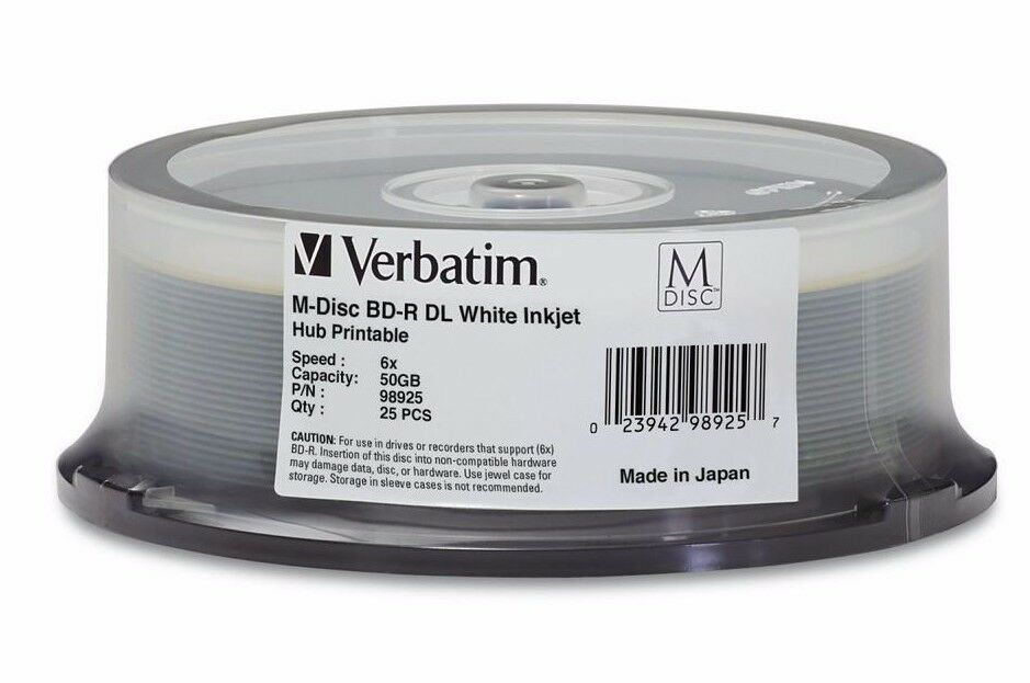 M-DISC BD-R DL 50GB 6X WHITE INKJET PRINTABLE, HUB PRINTABLE-25PK SPINDLE