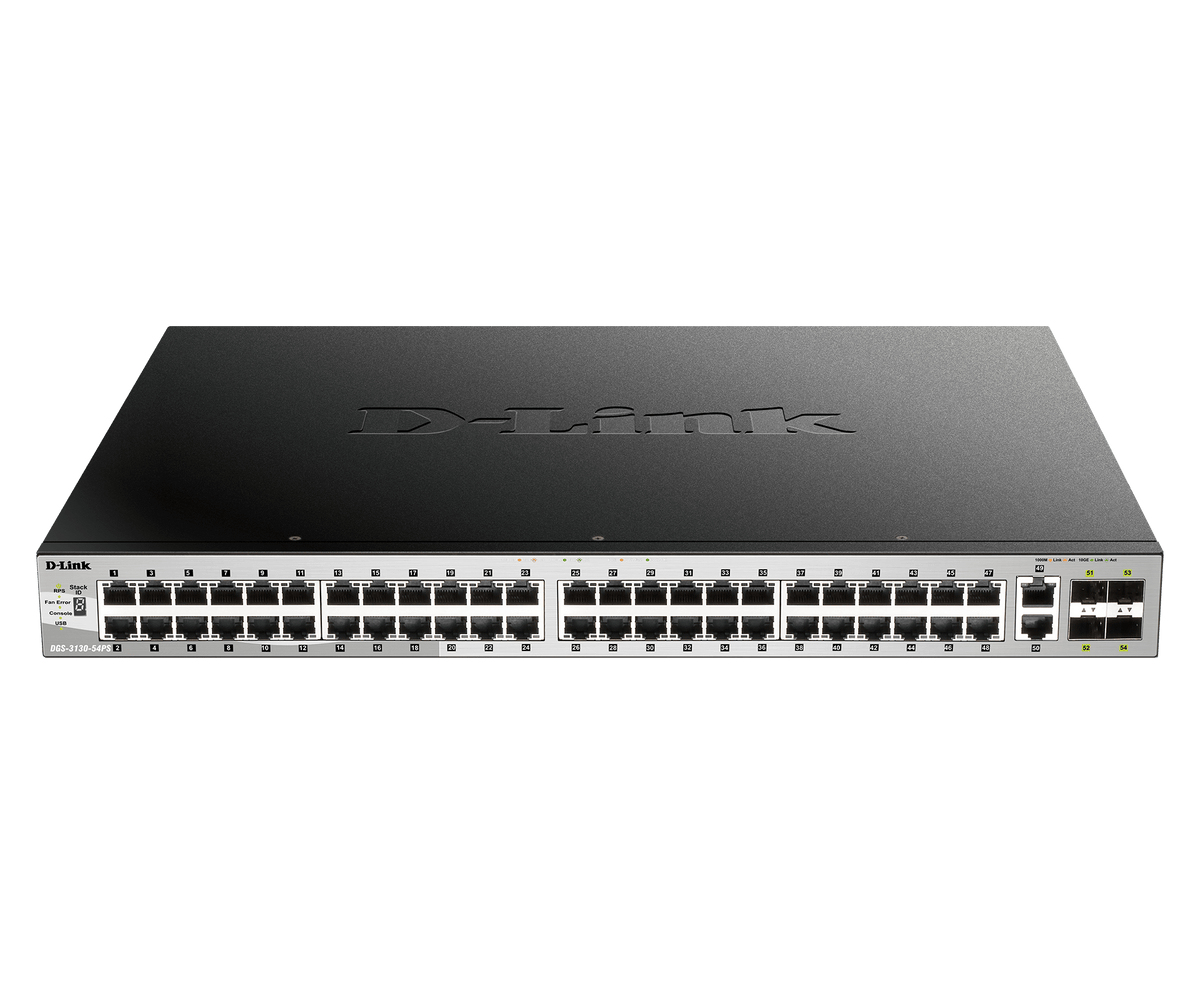 D-LINK DGS-3130 MANAGED 54 PORT LAYER 3 GIGABIT POE+ SWITCH, 370W, 48 X 1G POE,