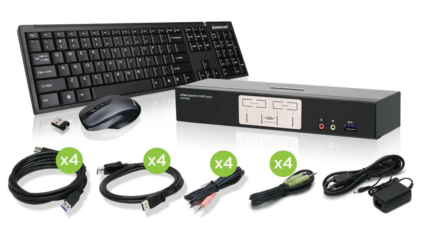 4-PORT DISPLAYPORT 1.2 KVMP WITH WIRELESS KEYBOARD AND MOUSE TAA COMPLIANT