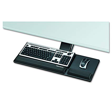 FELLOWES FULLY ADJUSTABLE TRAY ENHANCES COMFORT IN SMALLER WORKSPACES. LOOSEN SINGLE KNOB