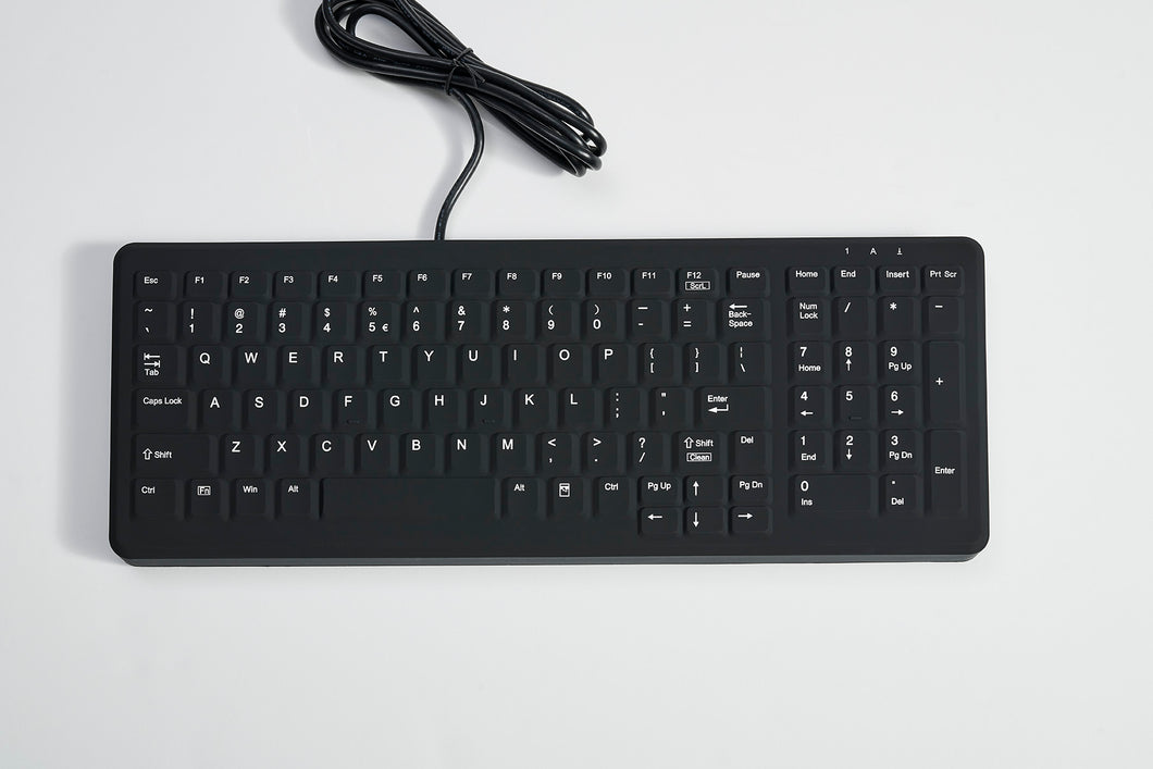 CLEANABLE SEALED BLACK KEYBOARD; 103 KEY WITHSTANDS HOSPITAL GRADE CLEANERS AND