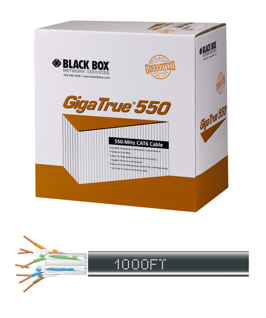 BLACK CAT6 550-MHZ SOLID ETHERNET BULK CABLE - UNSHIELDED (UTP), CMR PVC, BLACK, 1000-