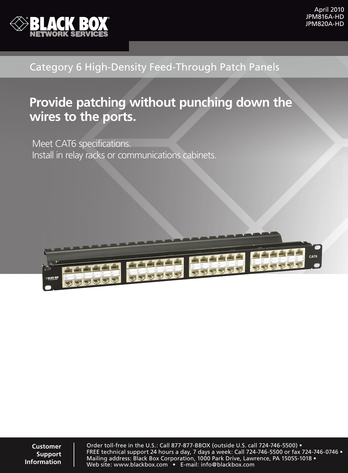 BLACK CAT6 FEED-THROUGH HIGH-DENSITY PATCH PANEL - 1U, SHIELDED, 48-PORT