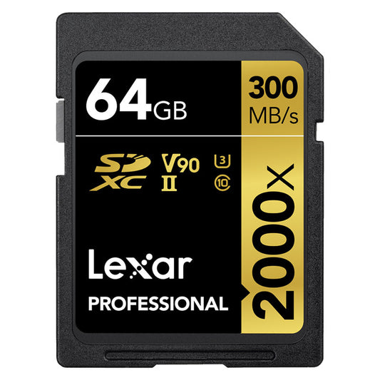 Lexar Professional SDXC Memory Card, 2000x, 64GB Class 10, V90, UHS-II, U3 W/O Reader, R300/W260MBs