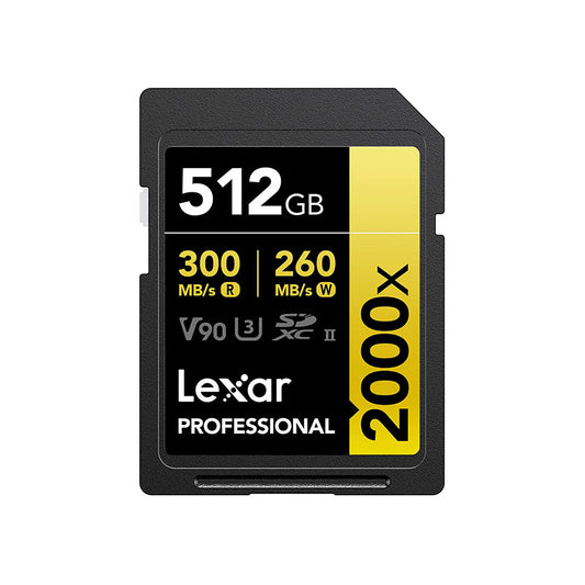 Lexar Professional SDXC Memory Card, 2000x, 512GB Class 10, V90, UHS-II, U3 W/O Reader, R300/W260MBs