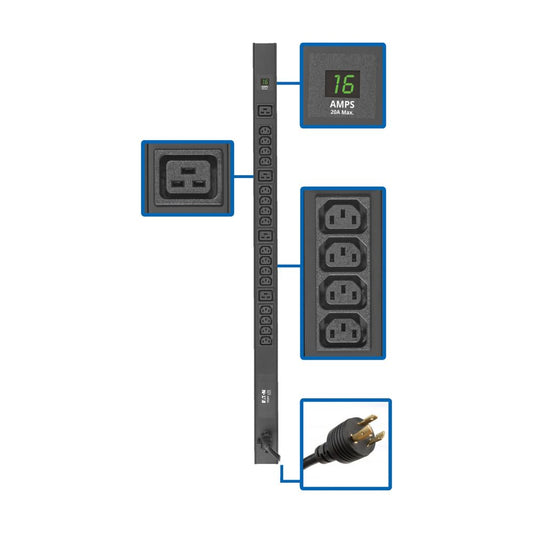 EATON PDU METERED 16 C13 4 C19 208/ 240V 3.2/3.8KW C20/L6-20P 10FT CORD