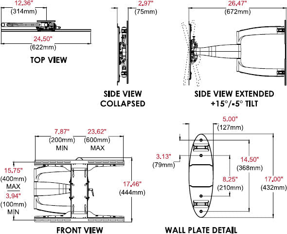 PEERLESS WALL ARM - BLACK - OPEN ACCESS DESIGN PROVIDES THE MAXIMUM OPEN AREA ON THE WALL