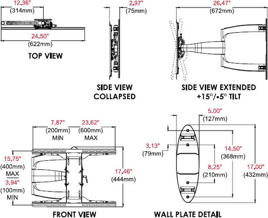 PEERLESS WALL ARM - BLACK - OPEN ACCESS DESIGN PROVIDES THE MAXIMUM OPEN AREA ON THE WALL