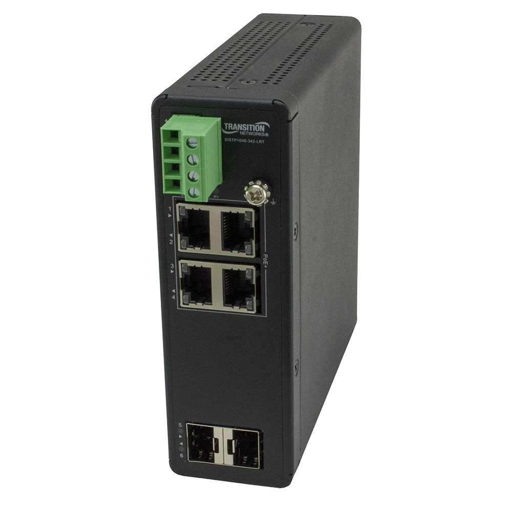 LANTRONIX TRANSITION HARDENED UNMANAGED SWITCH, 4-PORT GE POE+, 2 SFP, 120W POE, 54VDC, - 40 - 75C