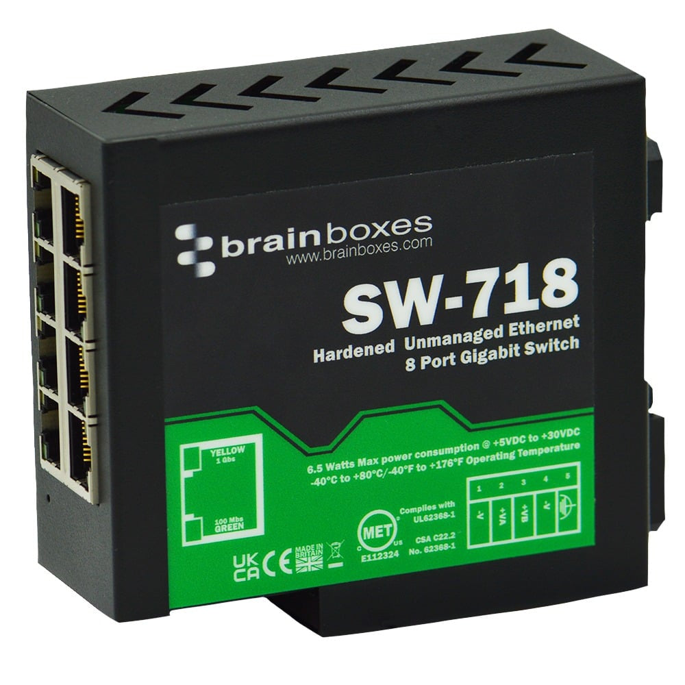 BRAINBOXES HARDENED 8 PORT GB ENT SWITCH DIN RAIL MOUNTABLE +5V TO +30V DC