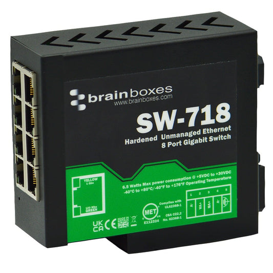 BRAINBOXES HARDENED 8 PORT GB ENT SWITCH DIN RAIL MOUNTABLE +5V TO +30V DC
