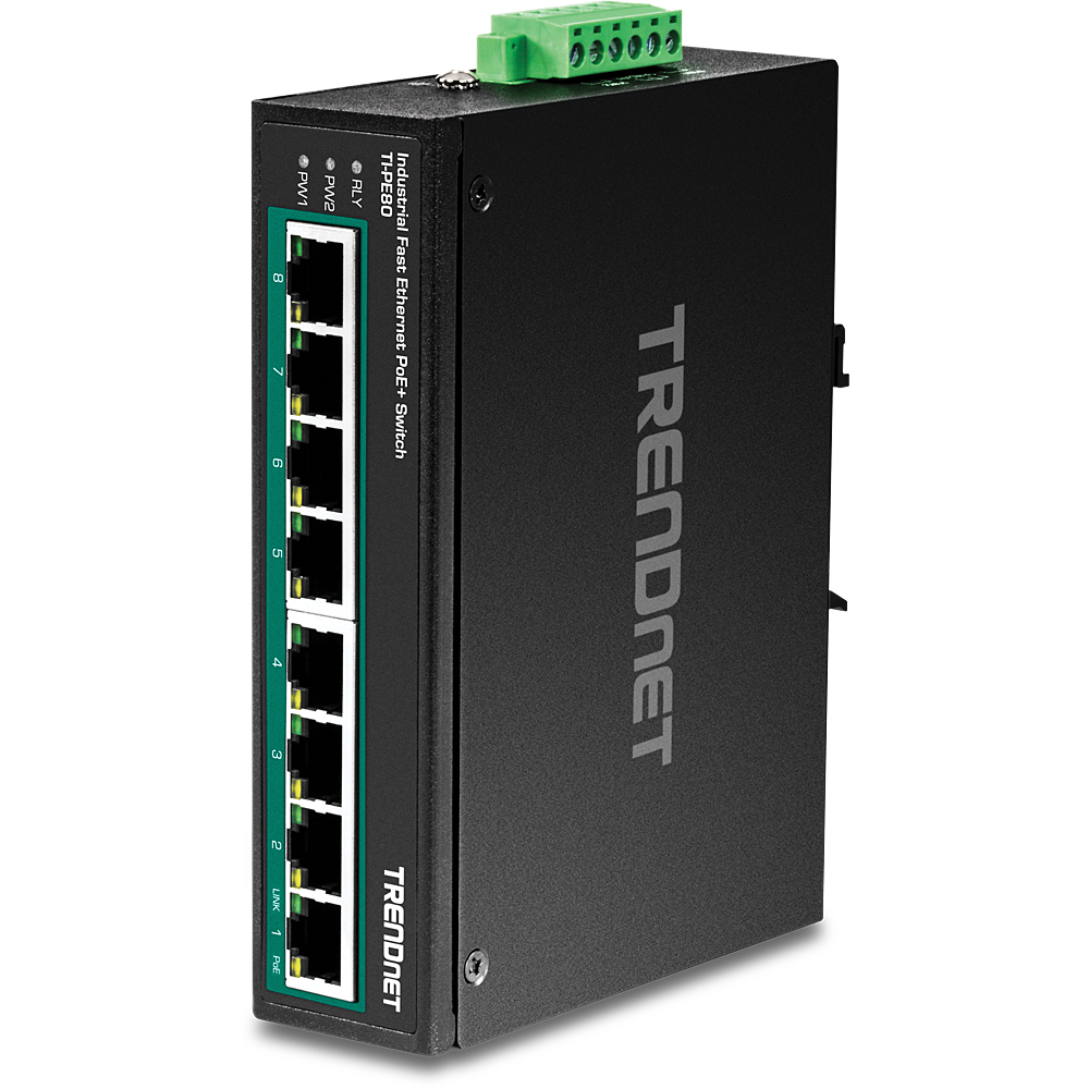 TRENDnet 8-Port Industrial Fast Ethernet PoE+ DIN-Rail Switch