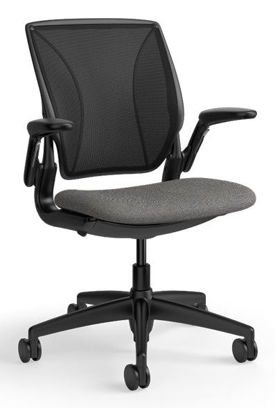 HUMANSCALE WORLD LM TASK CHAIR WITH BLACK FRAME, ADJUSTABLE ARMS, BLACK CATENA MESH BACKRES