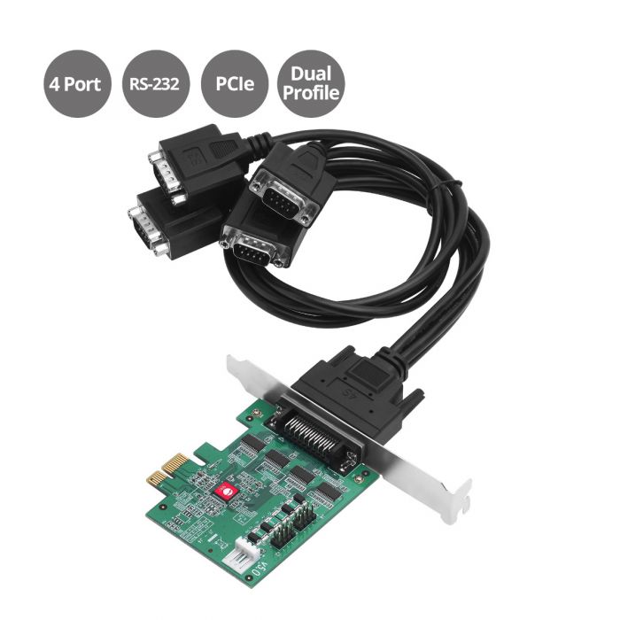 ADDS FOUR RS-232 SERIAL PORTS TO PCI EXPRESS ENABLED COMPUTER SYSTEMS