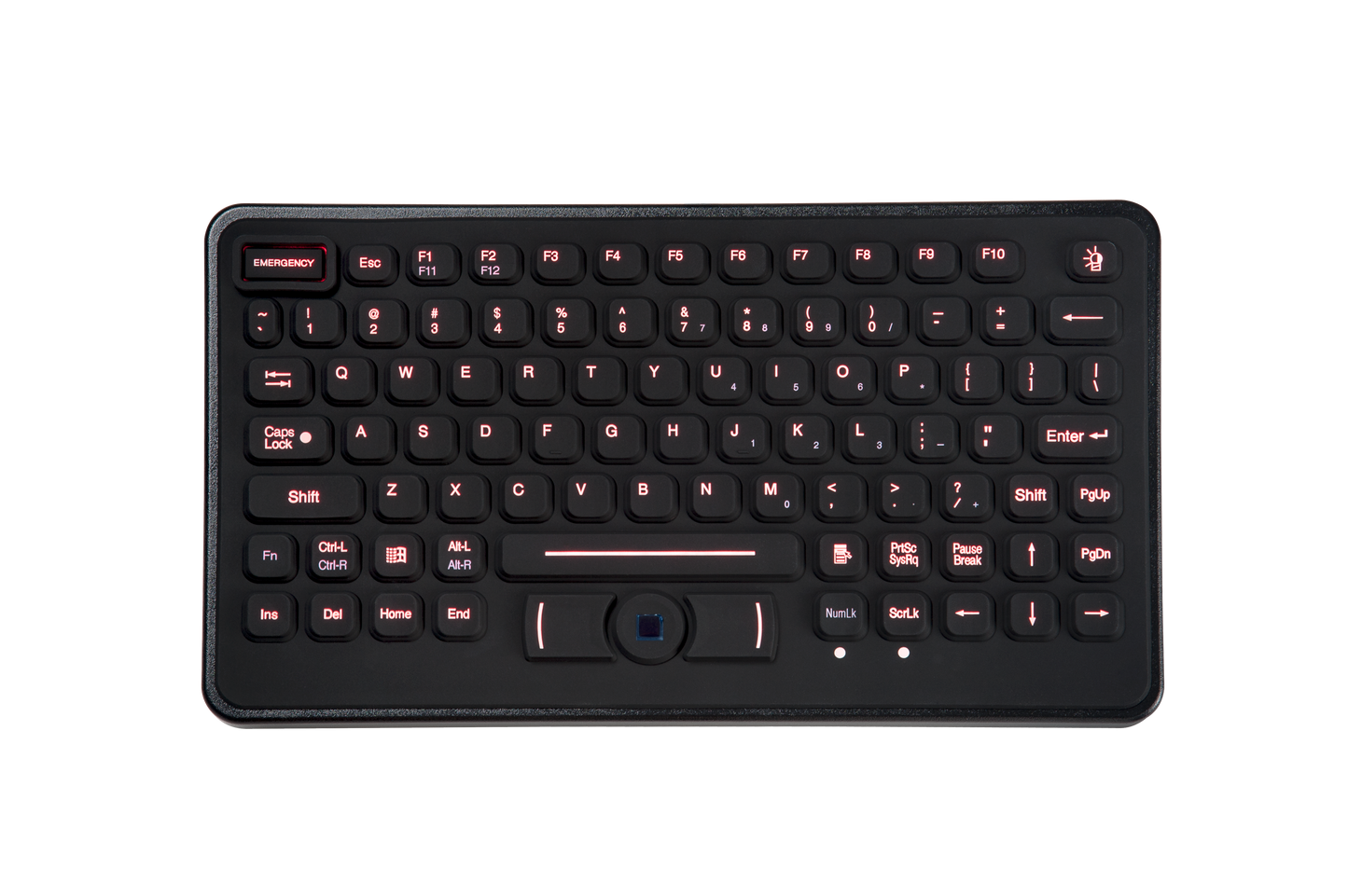 RUBBER KEYBOARD; RUGGED RUBBER 83 KEY KEYBOARD W/ TOUCHPAD AND RED BACKLIGHTING.