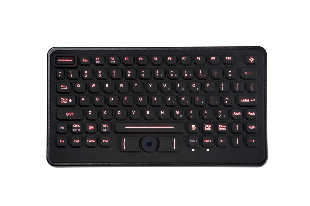 RUBBER KEYBOARD; RUGGED RUBBER 83 KEY KEYBOARD W/ TOUCHPAD AND RED BACKLIGHTING.