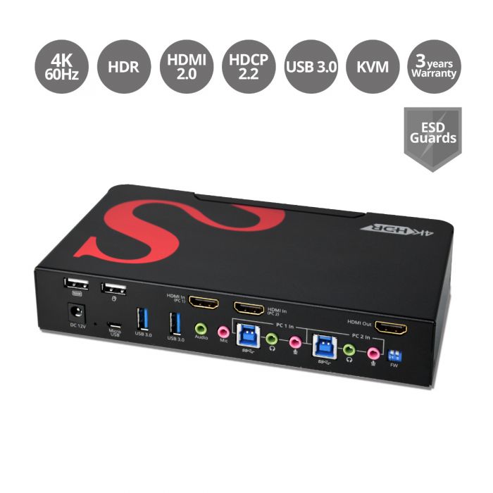 SIIG KVM CE-H25511-S1 2PT HDMI2.0 4K HDR KVM Switch w USB3.0 & Multi-Media