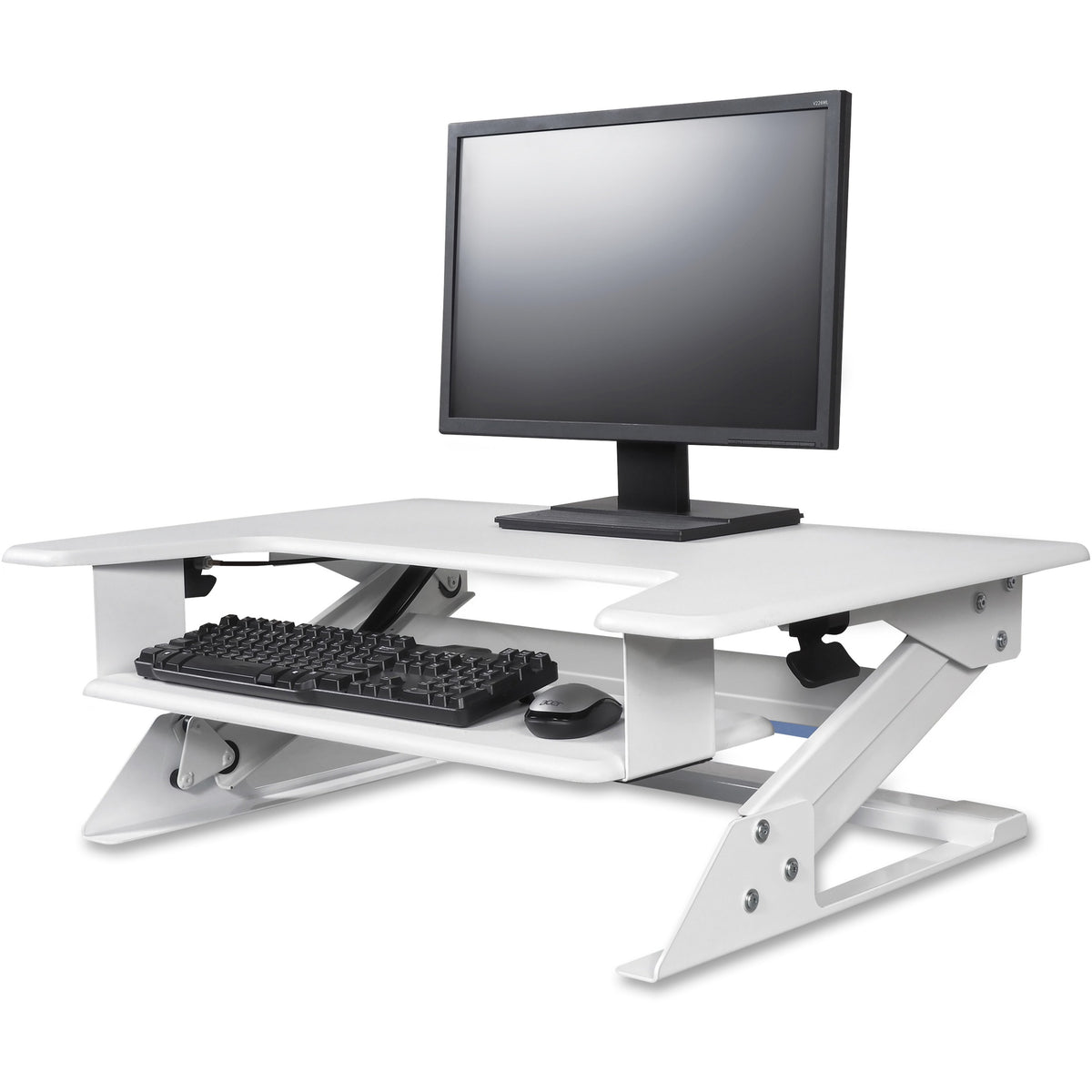 SITS ON DESK SURFACE FOR FULL STABILITY. ADVANCED PNEUMATIC LIFT SYSTEM FOR CONT
