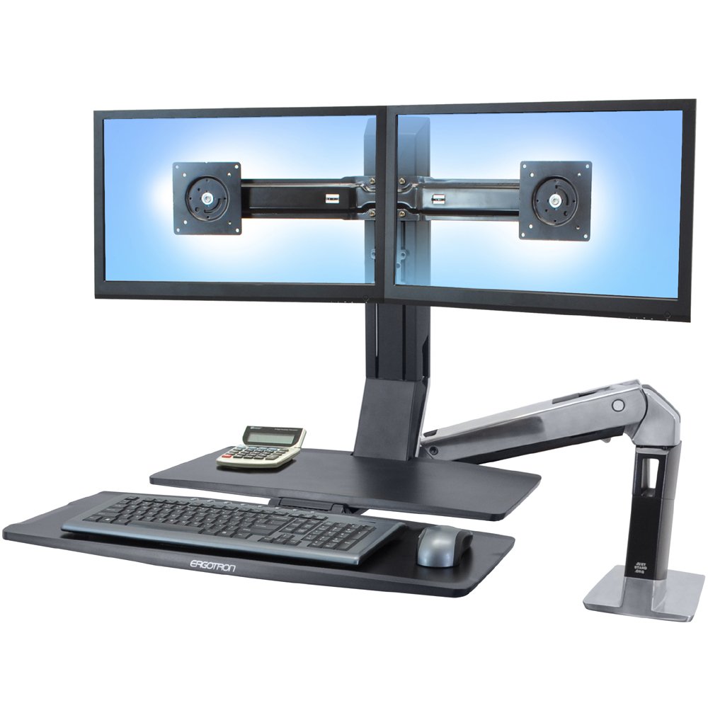 DUAL MONITOR SIT-STAND WORKSTATION - POLISHED ALUMINUM - BLACK - VERSATILE FIT: