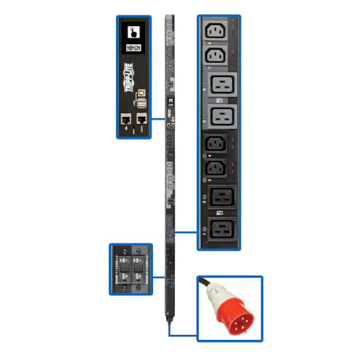 25.2KW 3-PHASE SWITCHED PDU - 12 C13 & 12 C19 OUTLETS, IEC 309 60A RED, 0U, OUTL