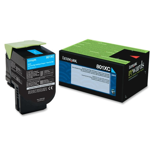 Lexmark Toner, 80C1XC0, 801XC, Cyan, 4,000 pg yield