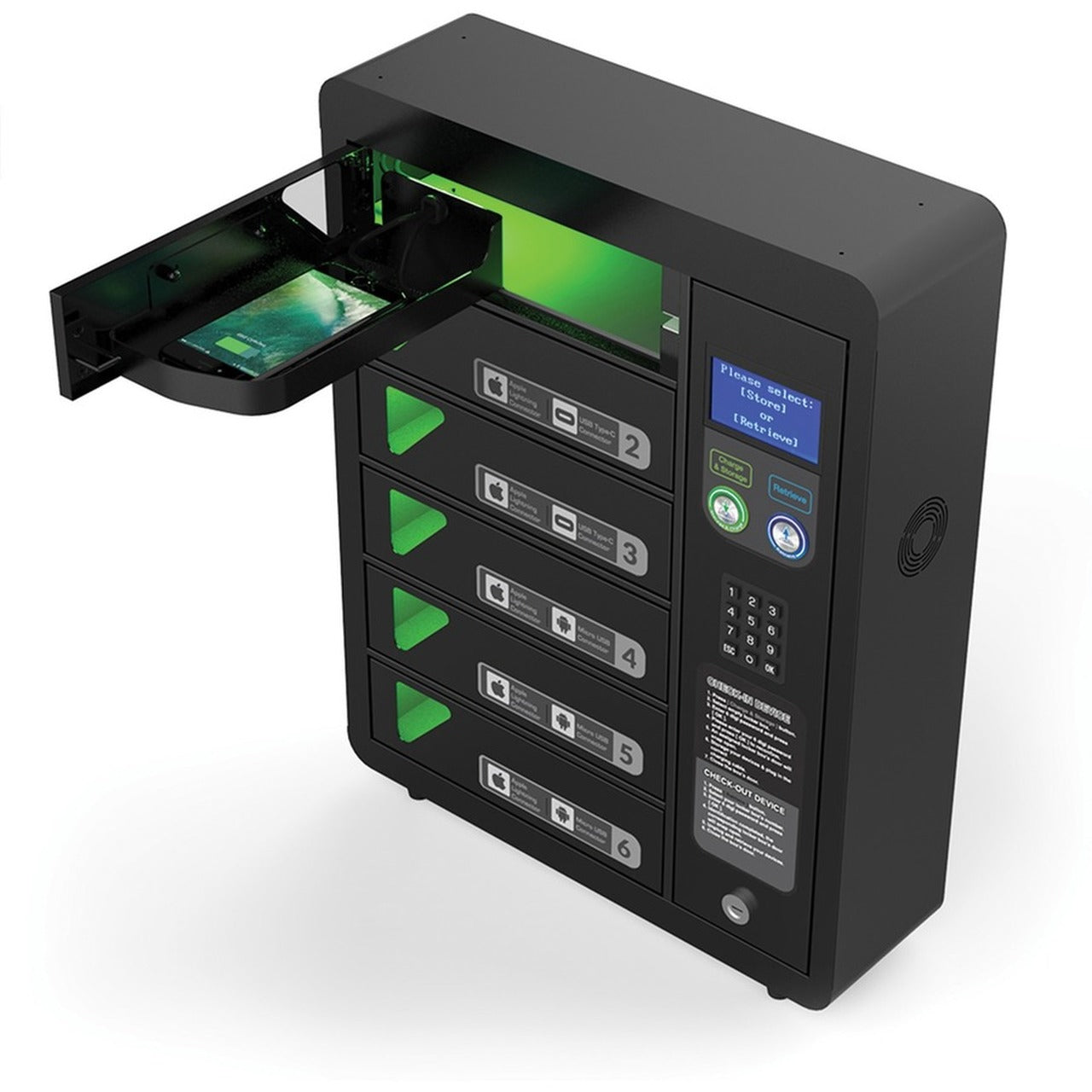 CHARGETECH 6 BAY PIN CODE CHARGING LOCKER PPL6. EACH BAY CONTAINS 2 CABLES (A CO